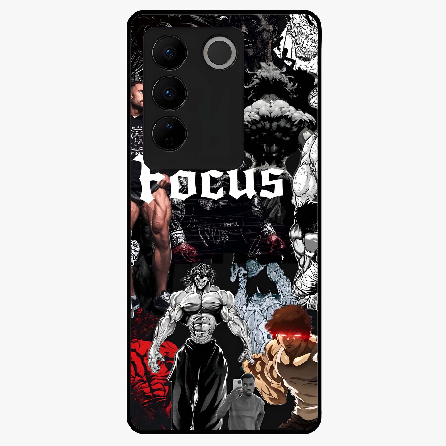 Relentless Power Focus Glass Case showing flat back view with motivational typography artwork and glossy glass finish.