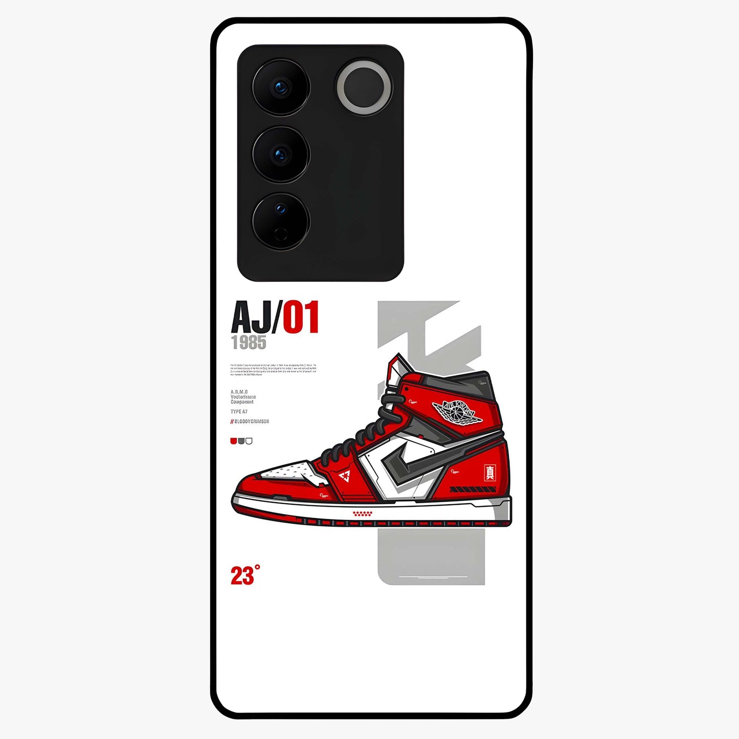 Retro Sneaker Blueprint Glass Case showing flat back view with sneaker blueprint style artwork and glossy glass finish.