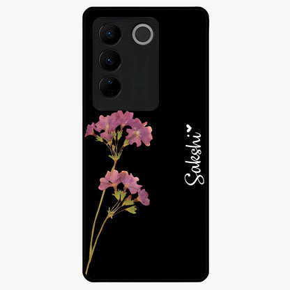 Riching Lavender Flower Custom Name Glass Case showing flat back view with lavender floral artwork and personalized name design.