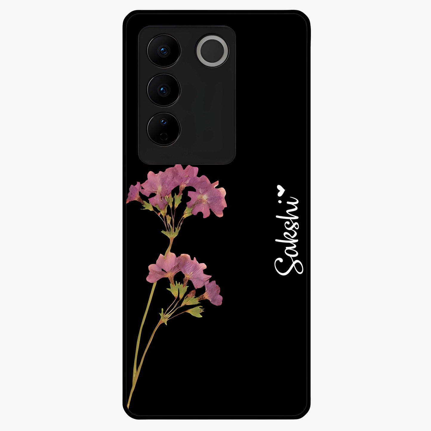 Riching Lavender Flower Custom Name Glass Case showing flat back view with lavender floral artwork and personalized name design.