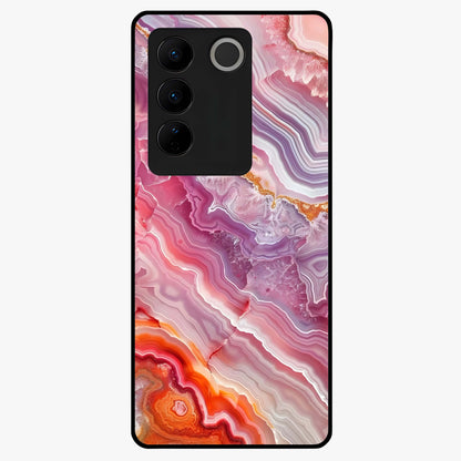 Rose Quartz Marble Glass Case showing flat back view with pink marble quartz texture artwork and glossy glass finish.
