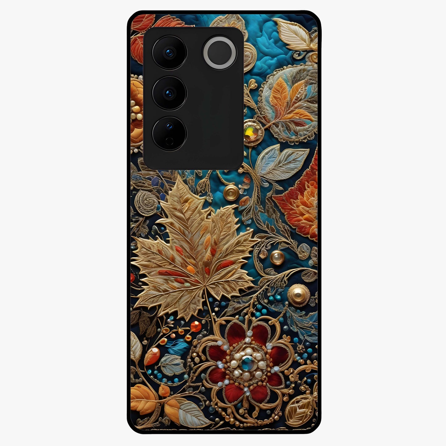 Royal Jewel Garden Glass Case showing flat back view with decorative floral garden artwork and glossy glass finish.