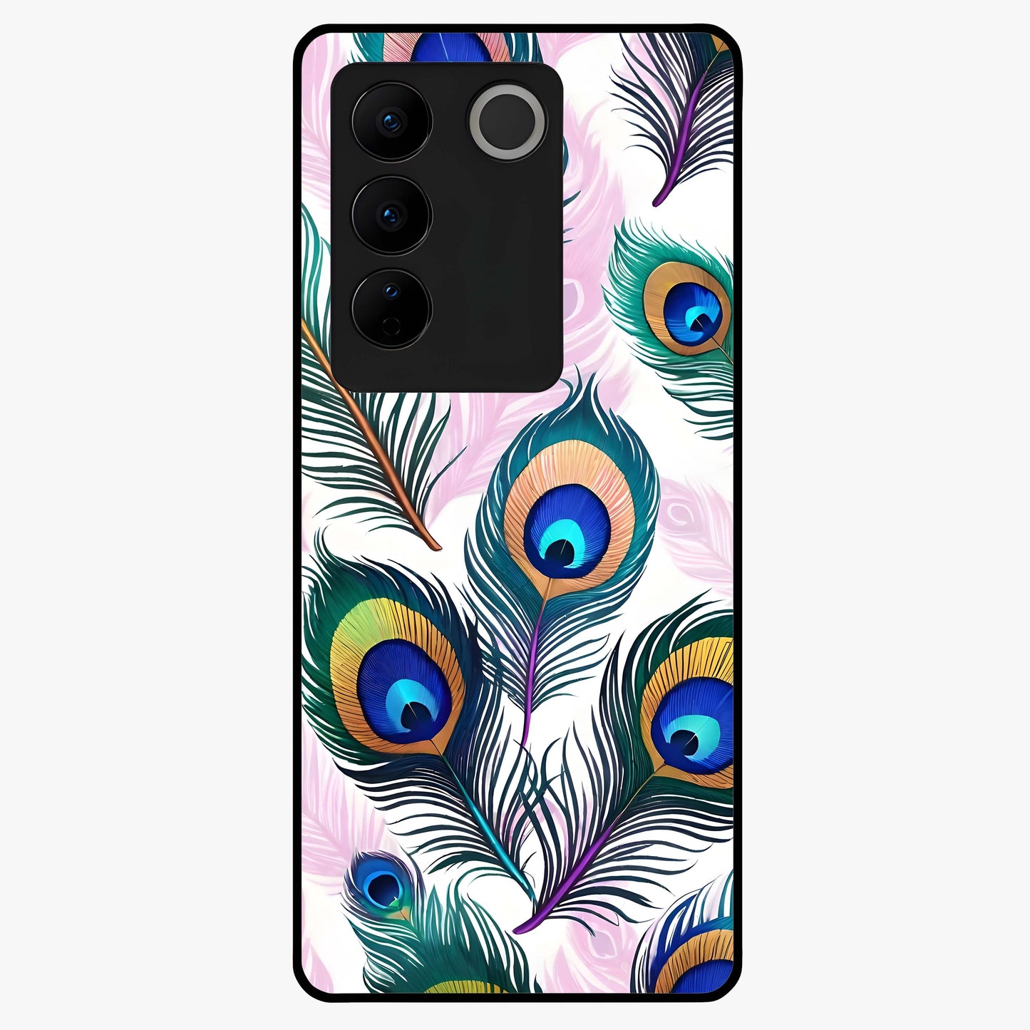 Royal Peacock Feathers Glass Case showing flat back view with colorful peacock feather artwork and glossy glass finish.