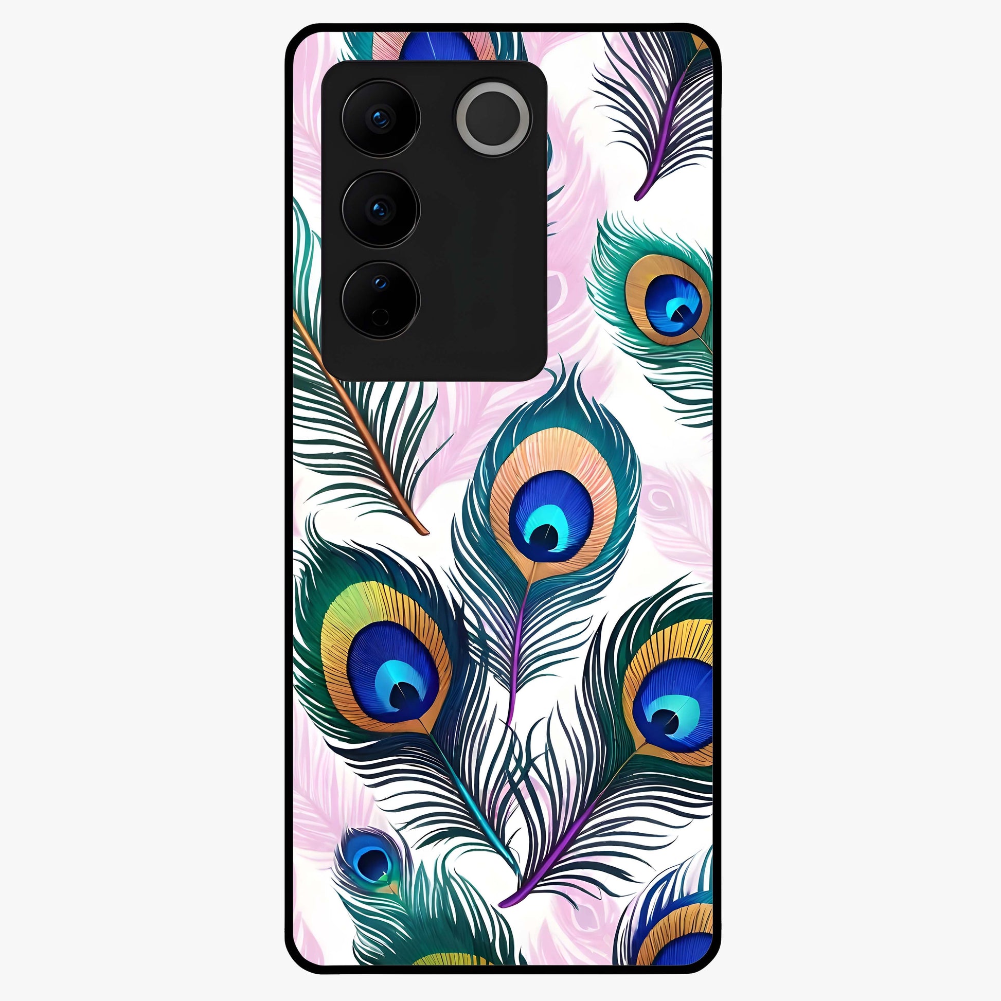 Royal Peacock Feathers Glass Case showing flat back view with colorful peacock feather artwork and glossy glass finish.