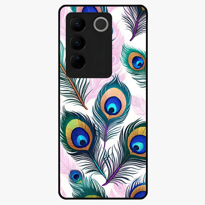 Royal Peacock Feathers Glass Case showing flat back view with colorful peacock feather artwork and glossy glass finish.