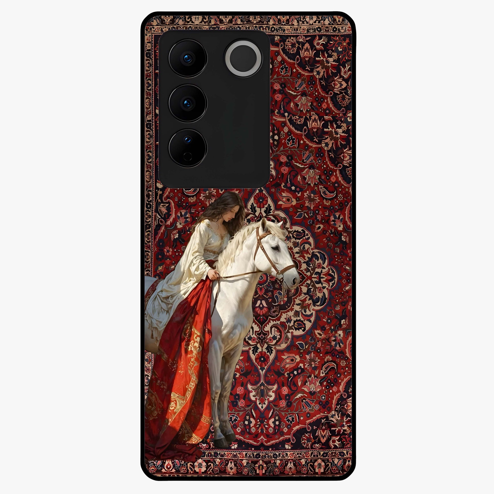 Royal Rider Tapestry Glass Case showing flat back view with majestic horse rider tapestry artwork and glossy glass finish.