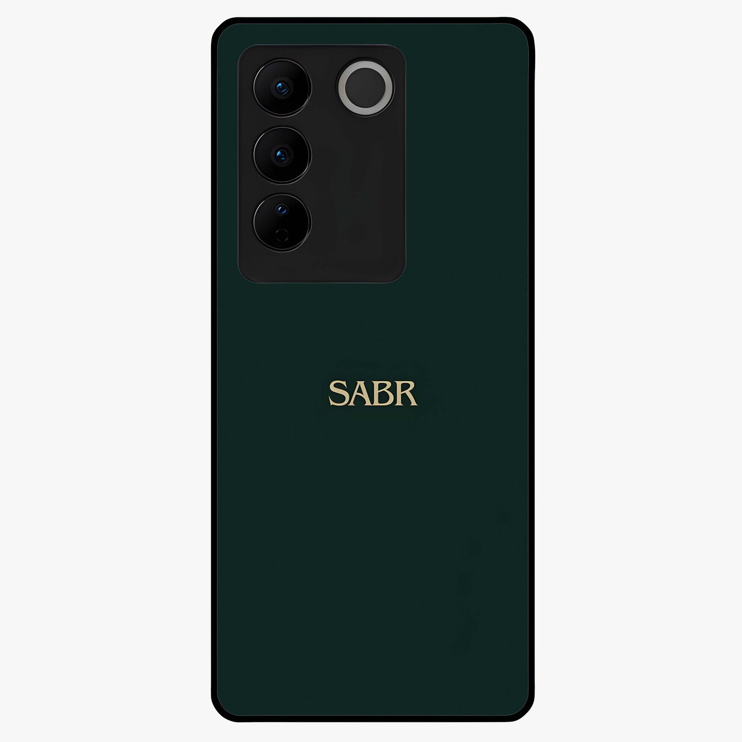 Sabr Minimal Patience Glass Case showing flat back view with minimalist typography artwork and glossy glass finish.