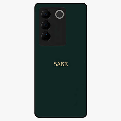 Sabr Minimal Patience Glass Case showing flat back view with minimalist typography artwork and glossy glass finish.