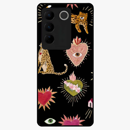 Sacred Jungle Heart Glass Case showing flat back view with jungle inspired heart artwork and glossy glass finish.