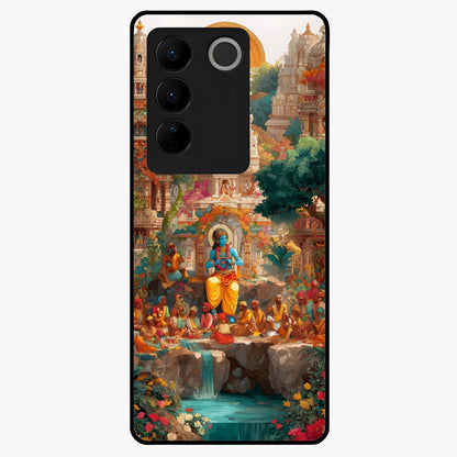 Sacred Sunlight Gods Glass Case showing flat back view with divine sunlight themed artwork and glossy glass finish.