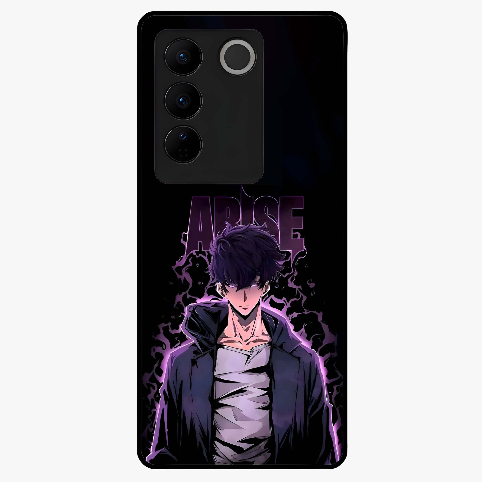 Shadow Monarch Awakening Glass Case showing flat back view with powerful dark monarch themed artwork and glossy glass finish.