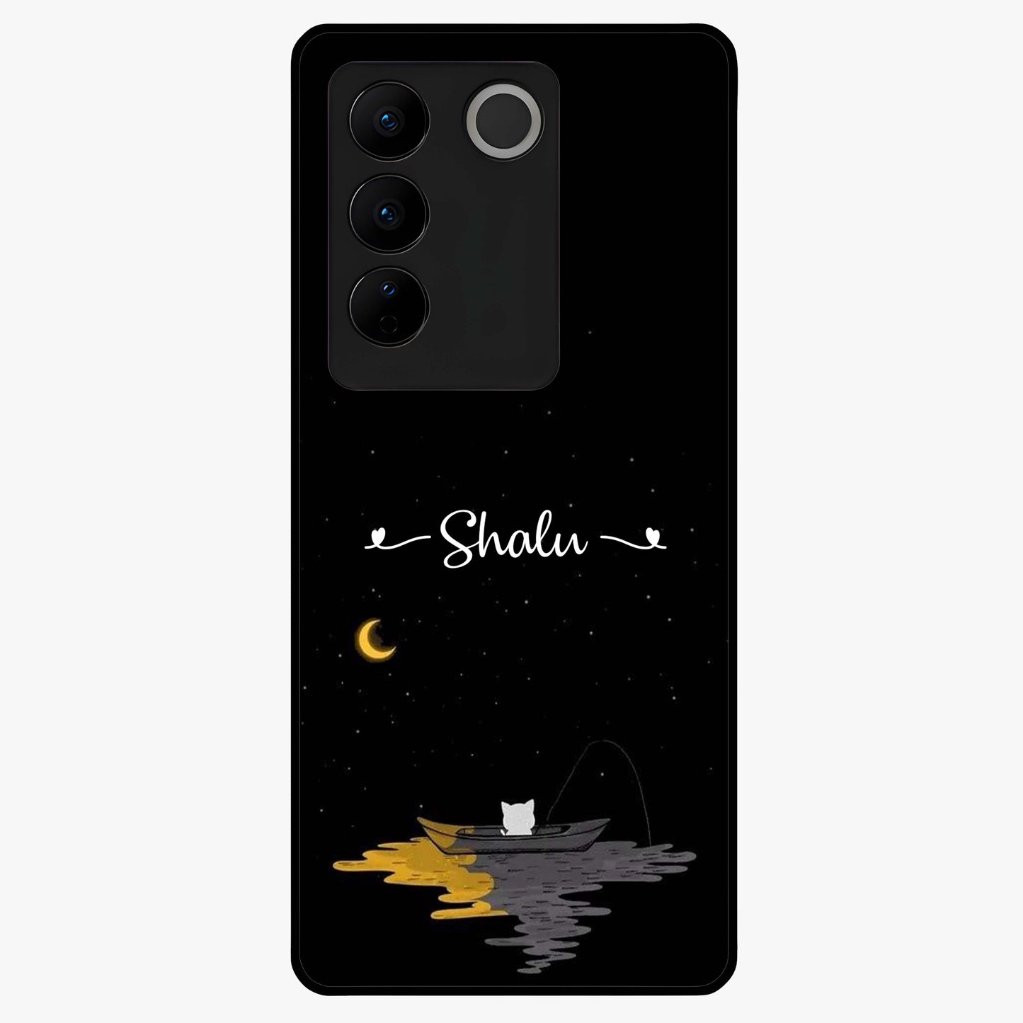 Silent Night Row Glass Case showing flat back view with calm night themed artwork and glossy glass finish.