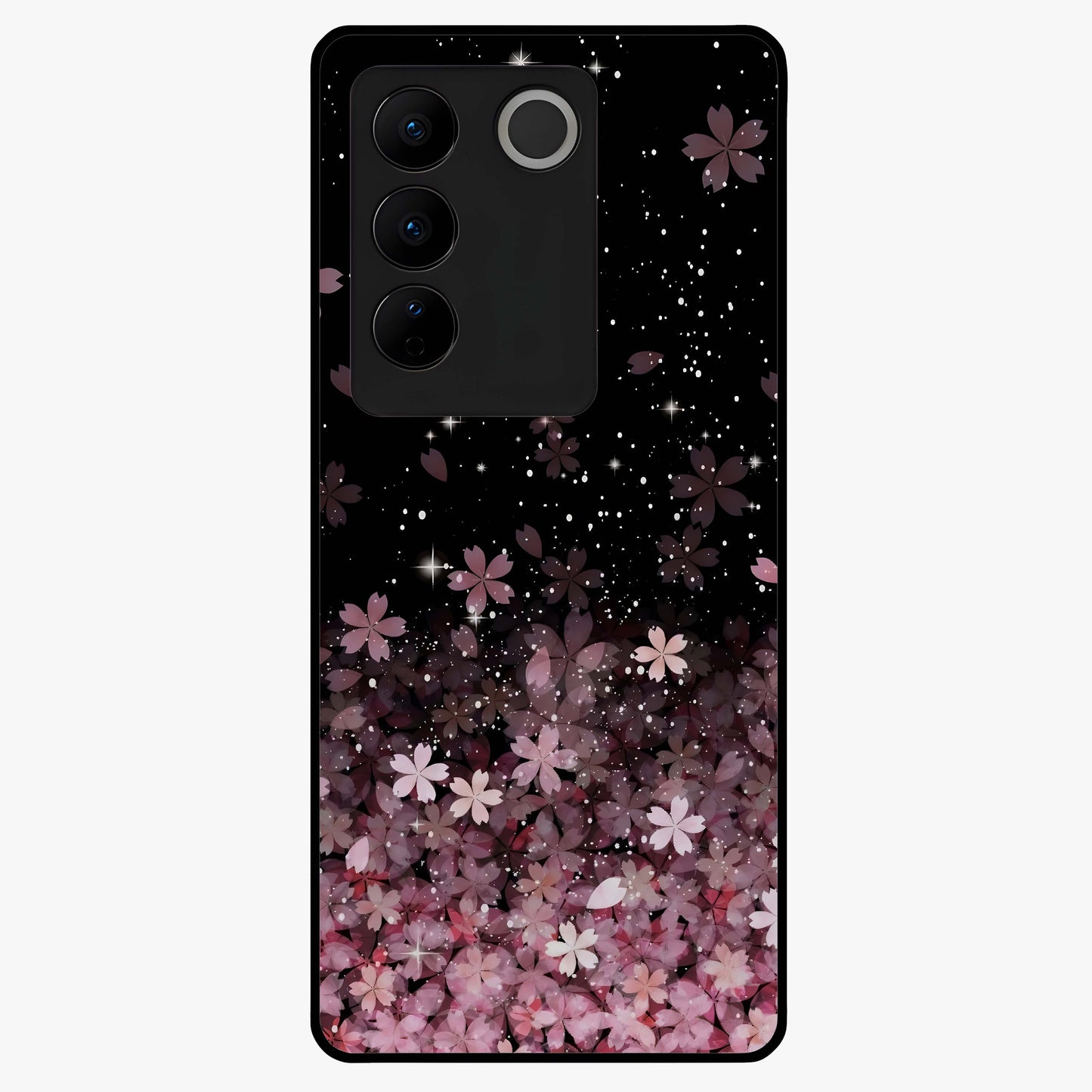 Small Starry Flowers Glass Case showing flat back view with delicate starry floral artwork and glossy glass finish.
