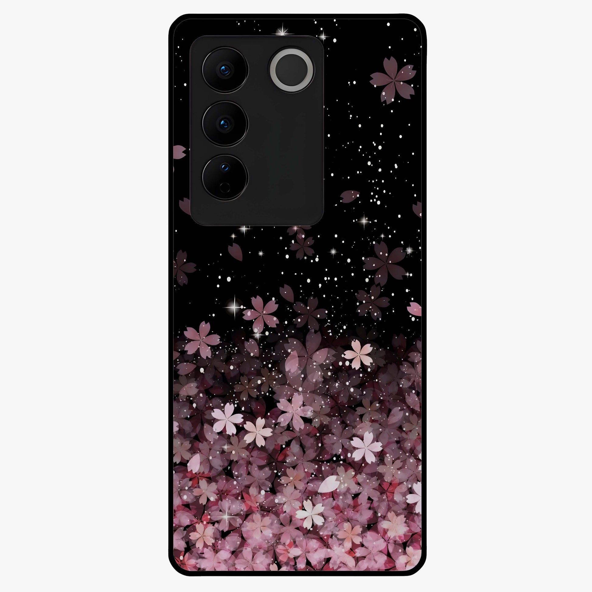 Small Starry Flowers Glass Case showing flat back view with delicate starry floral artwork and glossy glass finish.
