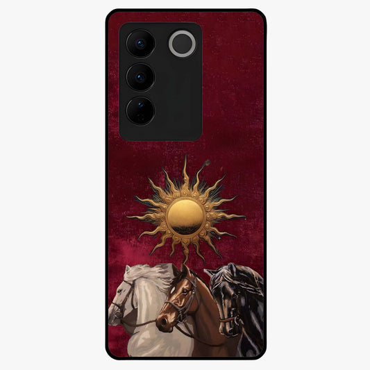 Solar Riders Glass Case showing flat back view with dynamic rider themed artwork and glossy glass finish.