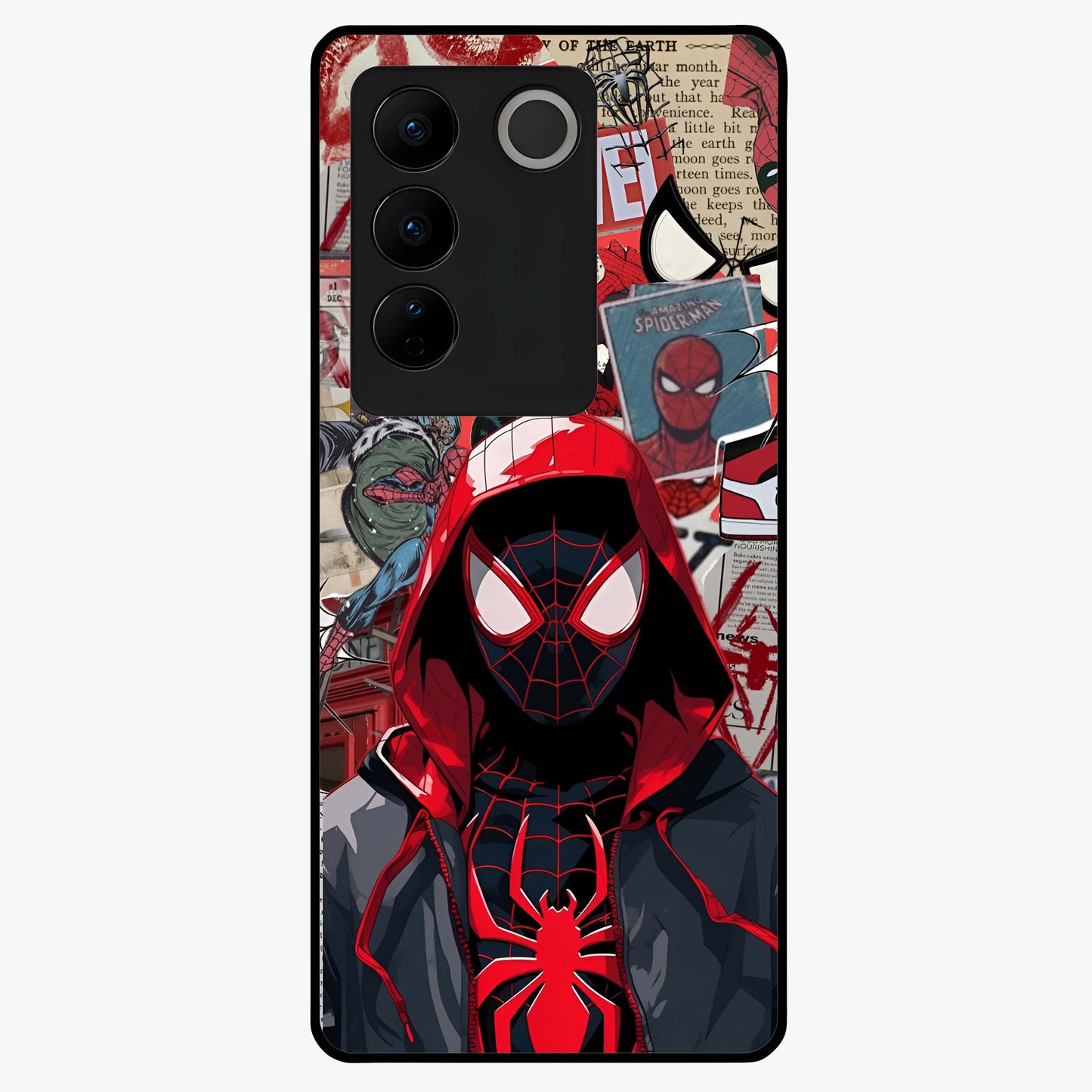 Spider Collage Street Glass Case showing flat back view with vibrant superhero collage artwork and glossy glass finish.