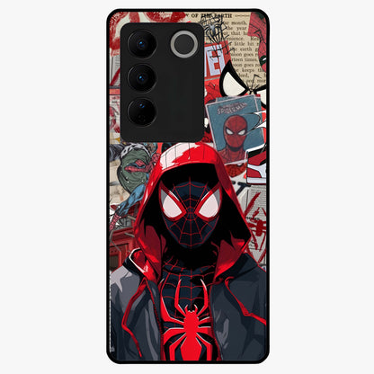 Spider Collage Street Glass Case showing flat back view with vibrant superhero collage artwork and glossy glass finish.