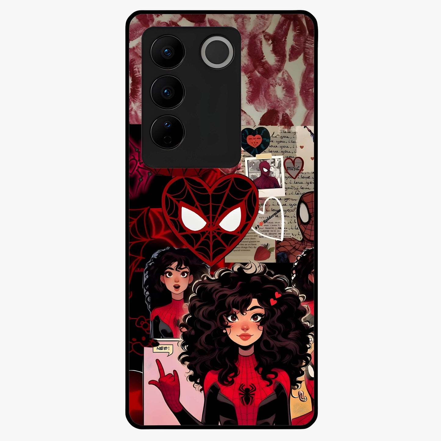 Spider Love Story Glass Case showing flat back view with romantic superhero themed artwork and glossy glass finish.