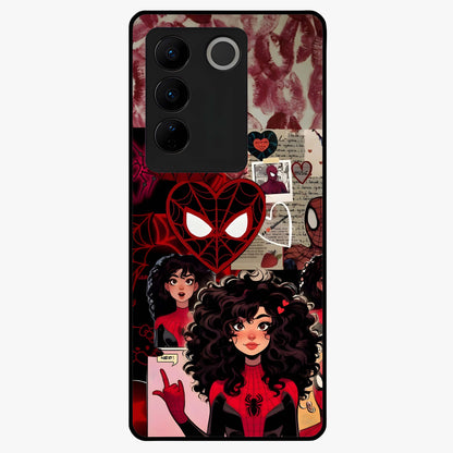 Spider Love Story Glass Case showing flat back view with romantic superhero themed artwork and glossy glass finish.