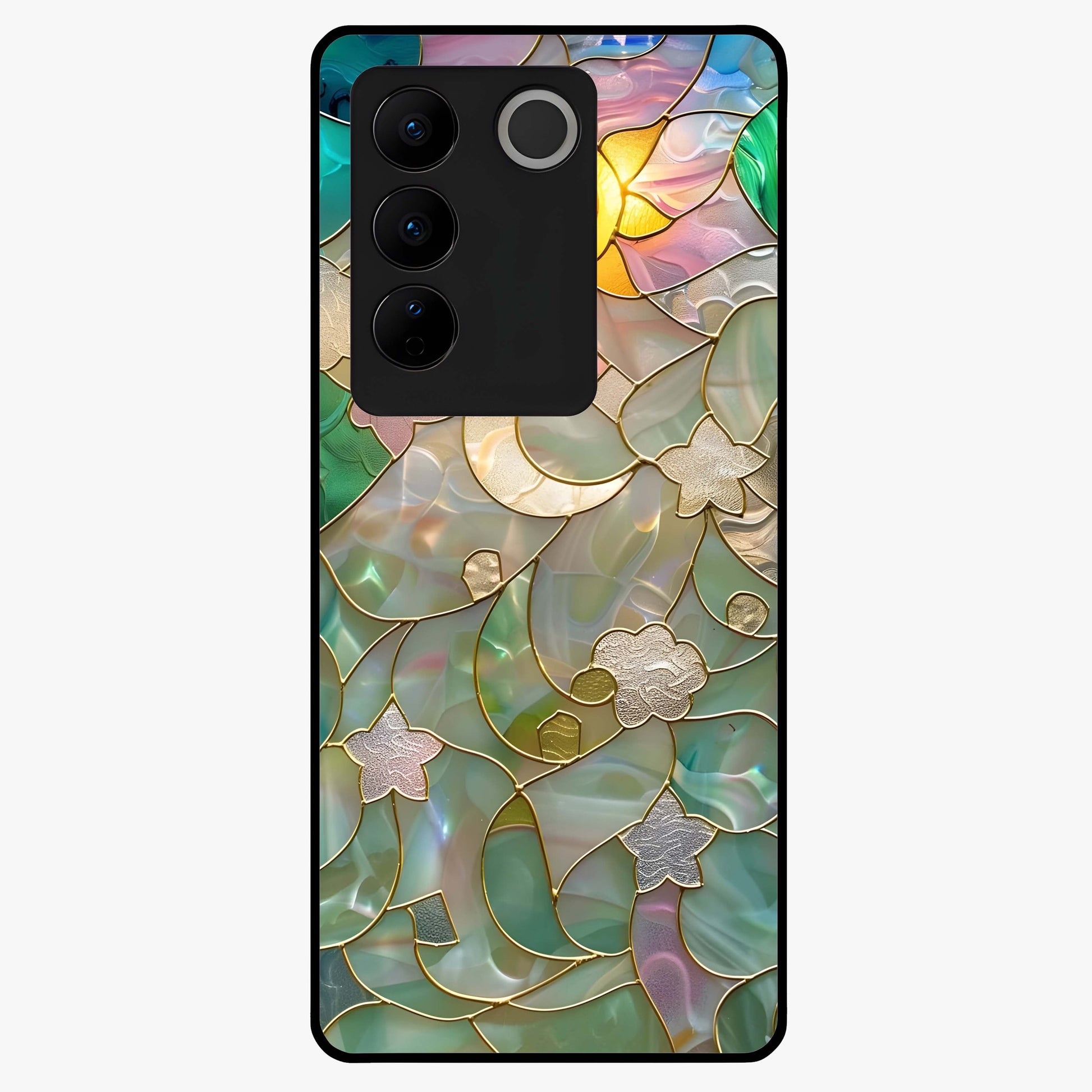 Stained Sunrise Glow Glass Case showing flat back view with glowing sunrise stained pattern artwork and glossy glass finish.