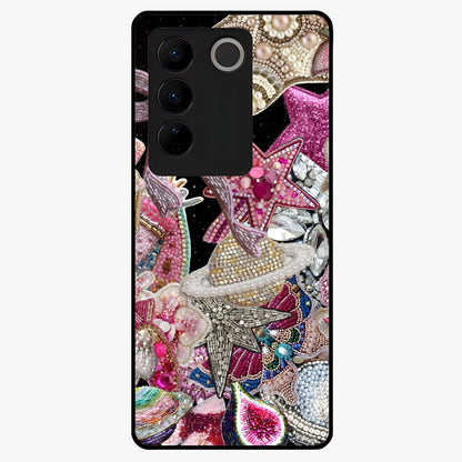 Starlit Jewel Dream Glass Case showing flat back view with sparkling jewel and star themed artwork and glossy glass finish.