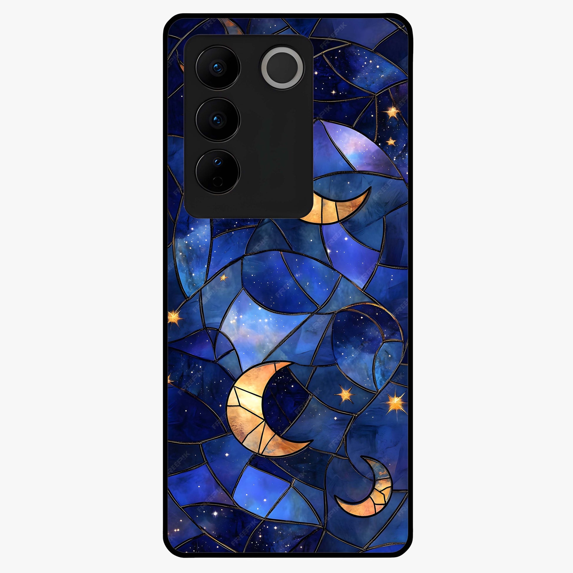Starlit Sky Tapestry Glass Case showing flat back view with decorative starry sky tapestry artwork and glossy glass finish.