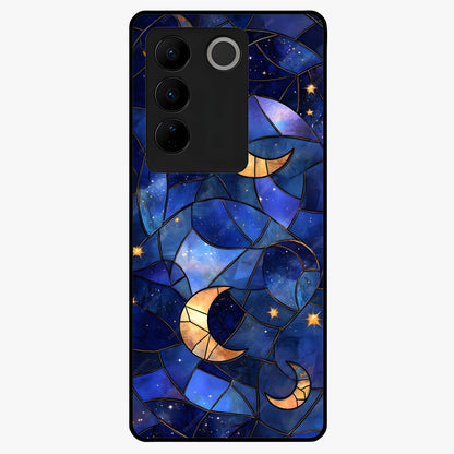 Starlit Sky Tapestry Glass Case showing flat back view with decorative starry sky tapestry artwork and glossy glass finish.