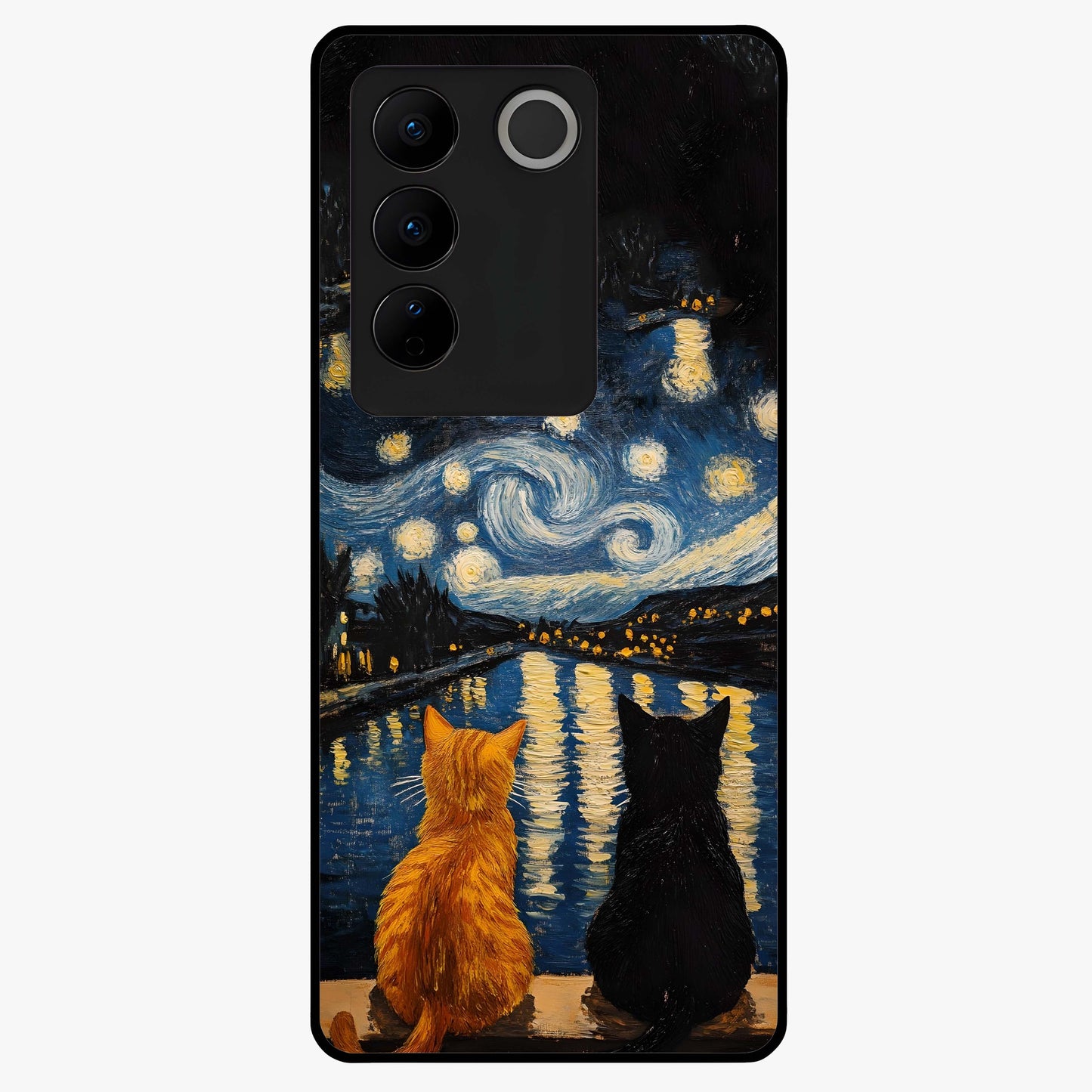Starry River Cats Glass Case showing flat back view with cats by a starry river artwork and glossy glass finish.