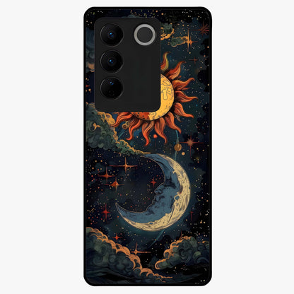 Sun And Moon Magic Design Glass Case showing flat back view with mystical sun and moon artwork and glossy glass finish.