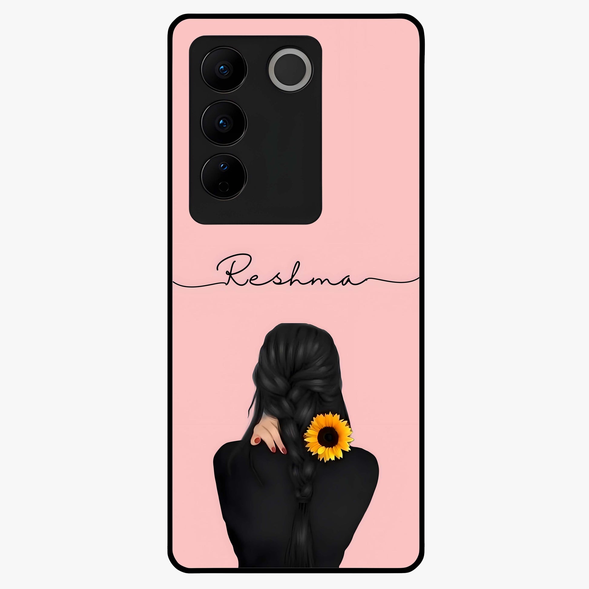 Sunflower Braid Beauty With Custom Name Glass Case showing flat back view with sunflower braid artwork and personalized name design.