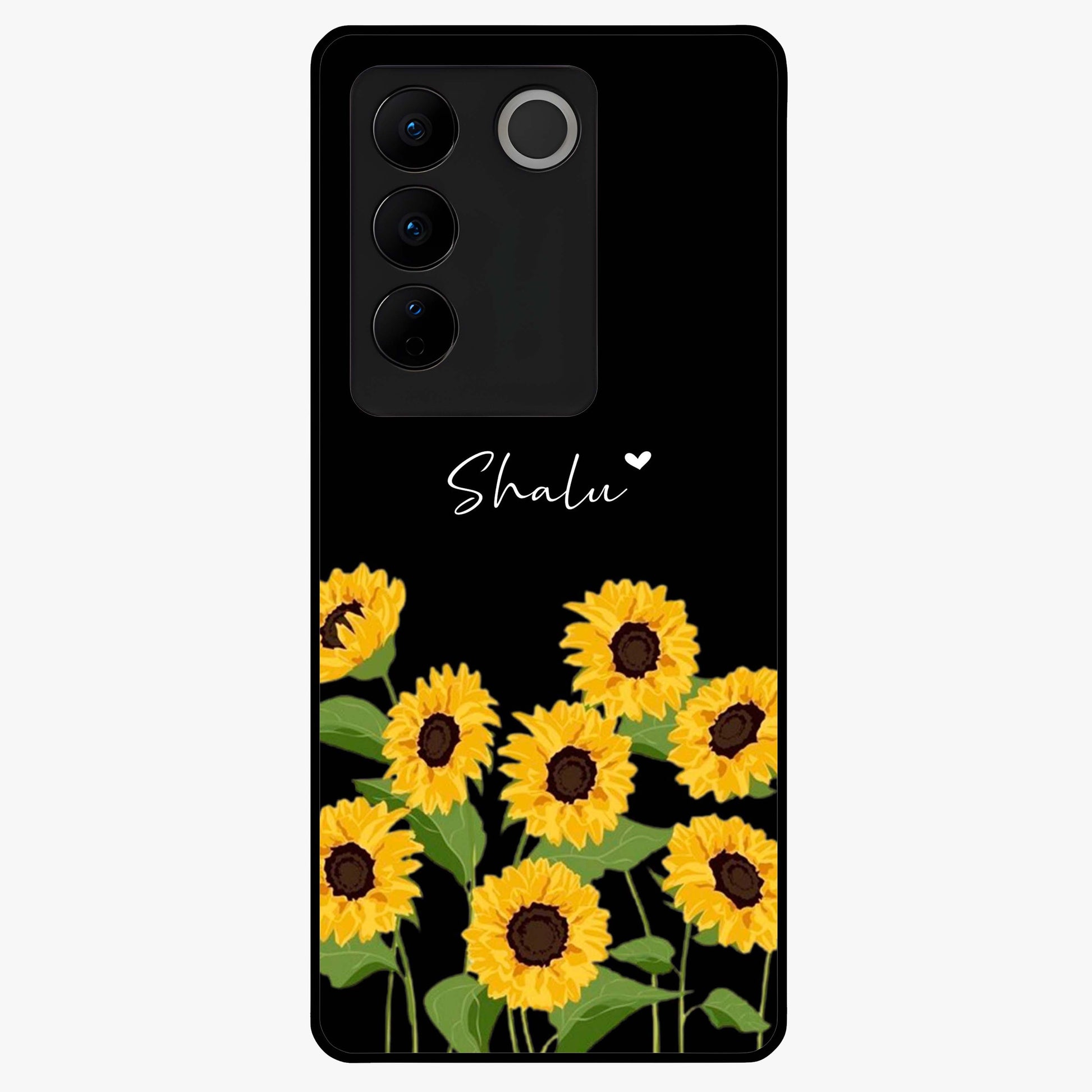 Sunflower Chic Mood Custom Name Glass Case showing flat back view with stylish sunflower artwork and personalized name design.