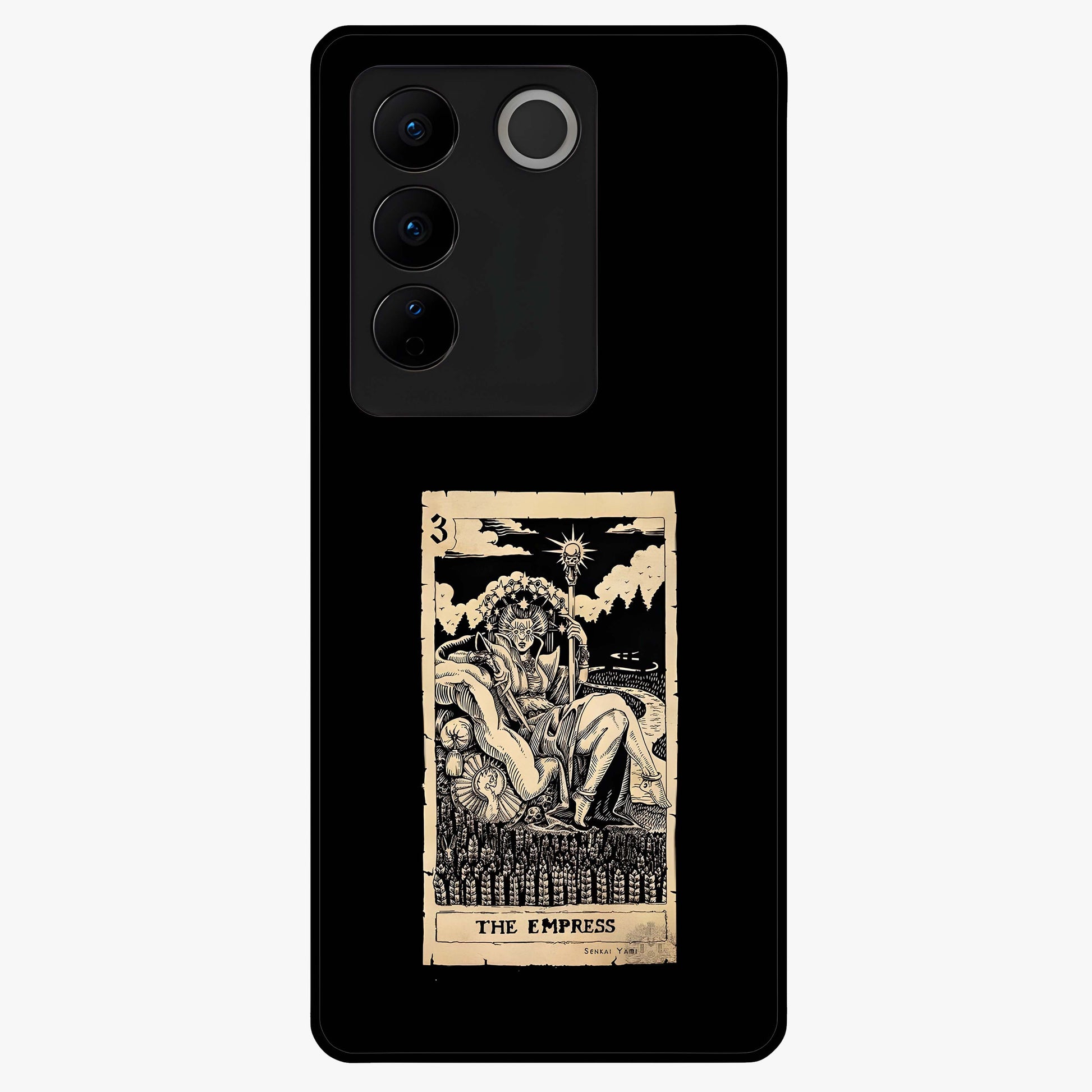 The Empress Glass Case showing flat back view with regal feminine artwork and glossy glass finish.