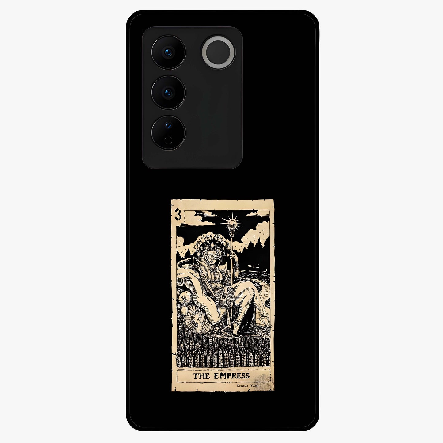 The Empress Glass Case showing flat back view with regal feminine artwork and glossy glass finish.