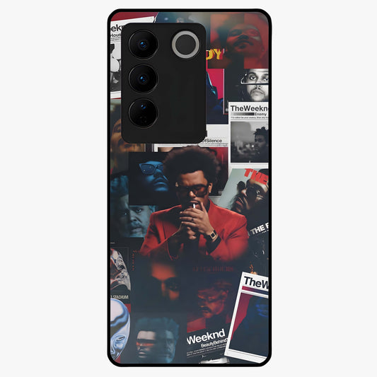 The Weeknd Glass Case showing flat back view with music inspired artistic portrait artwork and glossy glass finish.
