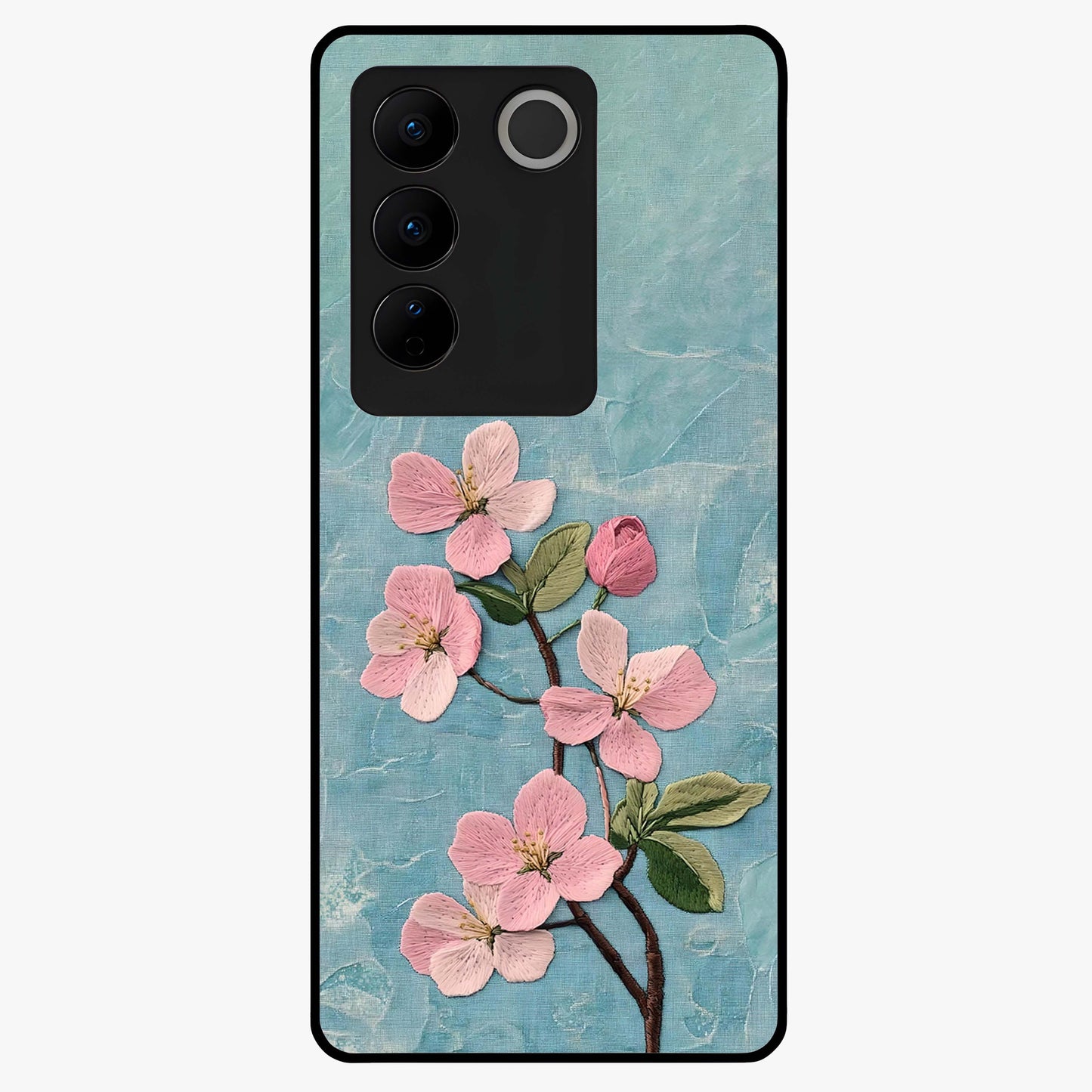 Threaded Blossom Breeze Glass Case showing flat back view with delicate blossom artwork and glossy glass finish.