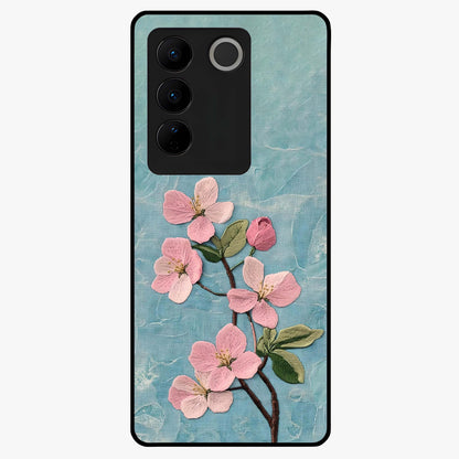Threaded Blossom Breeze Glass Case showing flat back view with delicate blossom artwork and glossy glass finish.
