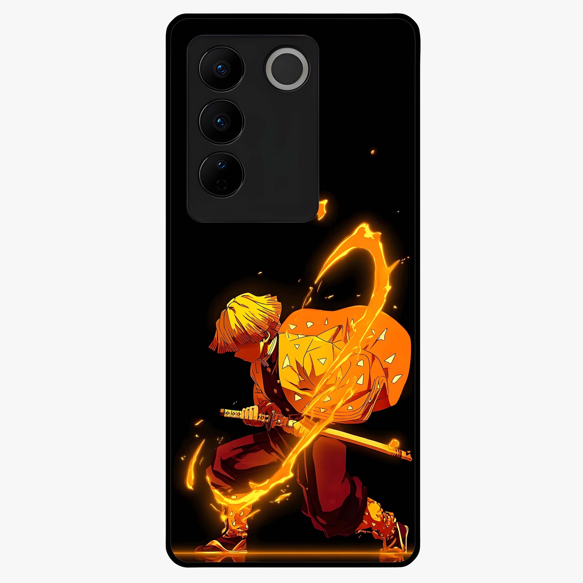 Thunder Flame Execution Glass Case showing flat back view with powerful flame and lightning artwork and glossy glass finish.