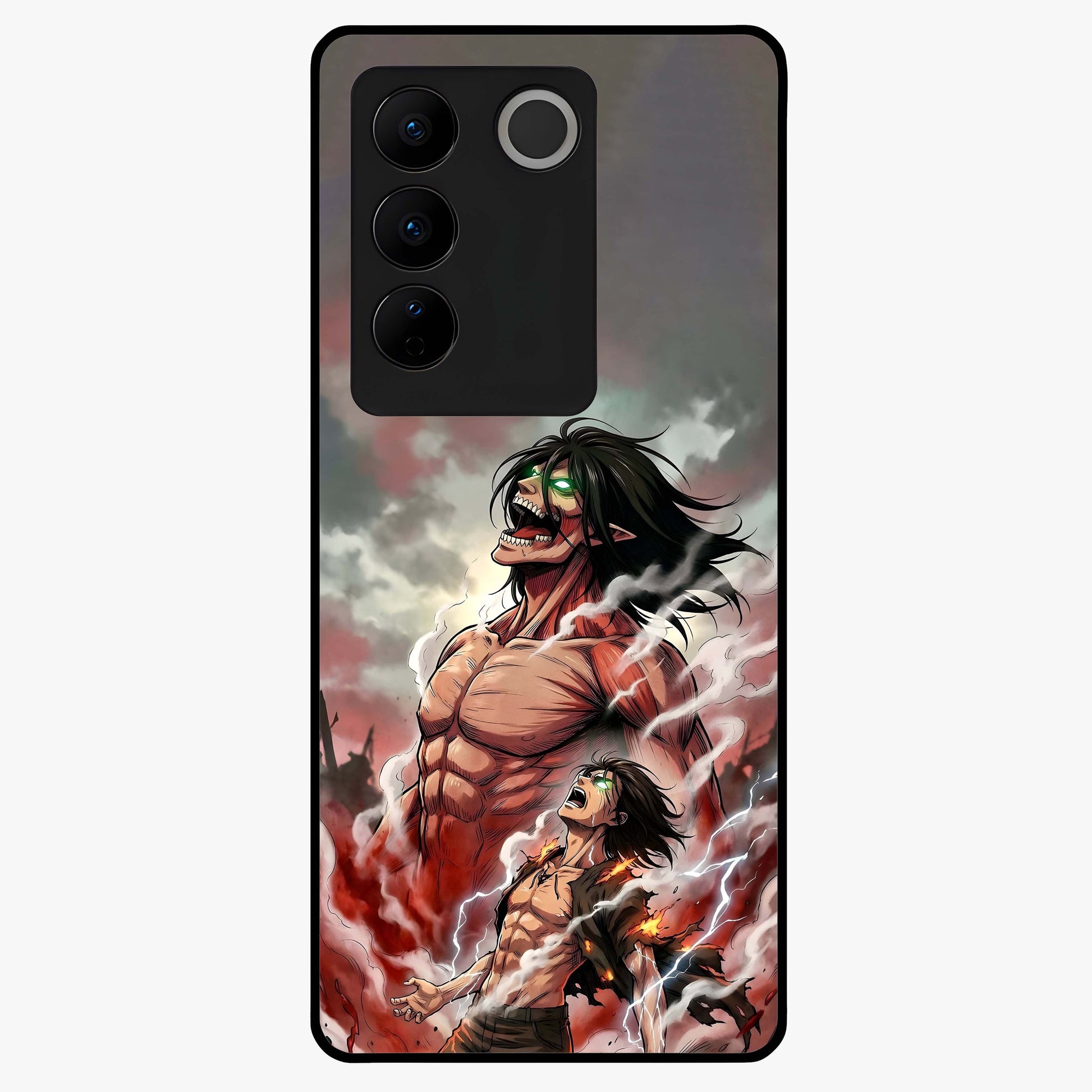 Titan Awakening Fury Glass Case showing flat back view with powerful titan inspired artwork and glossy glass finish.
