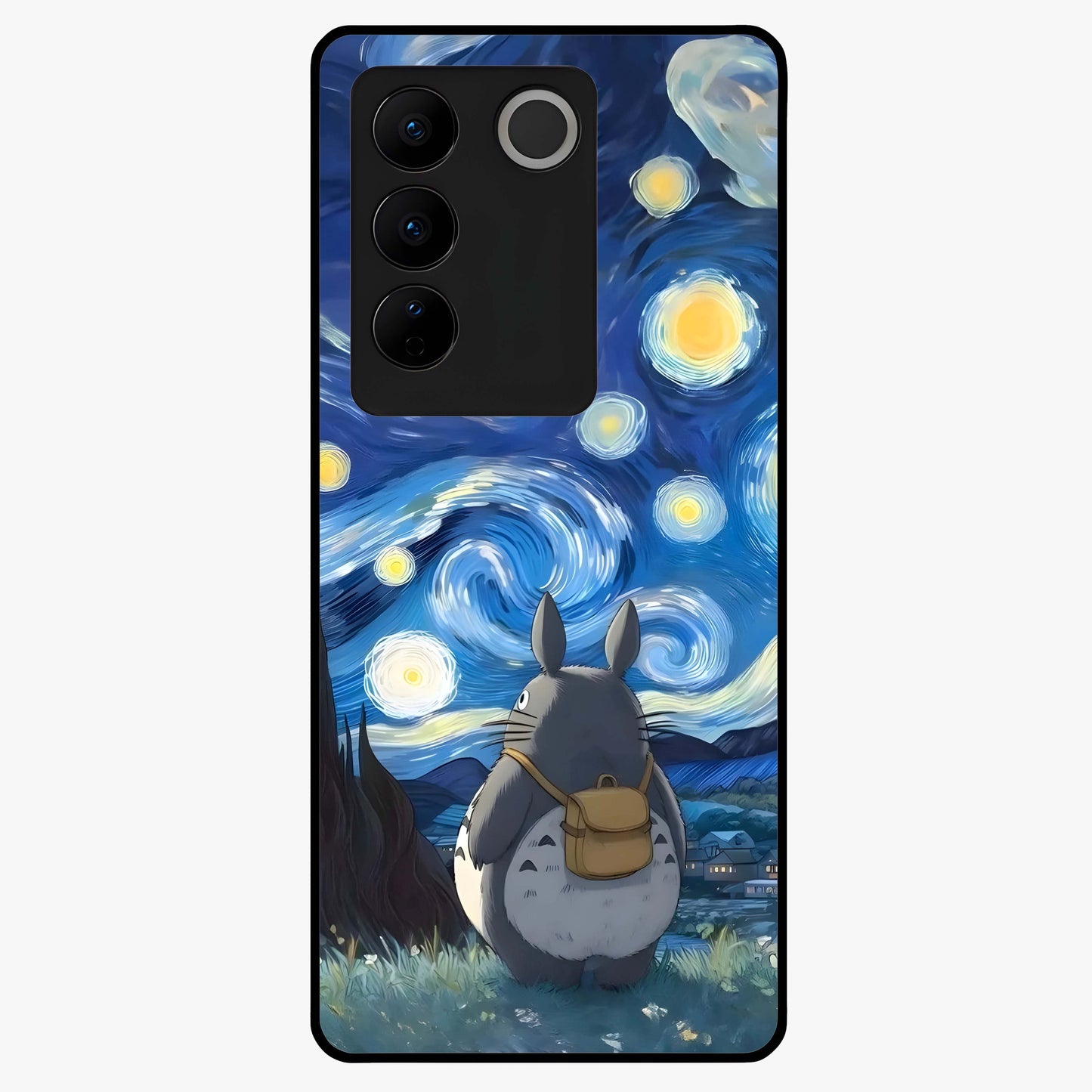 Totoro In Van Gogh Art Glass Case showing flat back view with whimsical character artwork inspired by Van Gogh style and glossy glass finish.