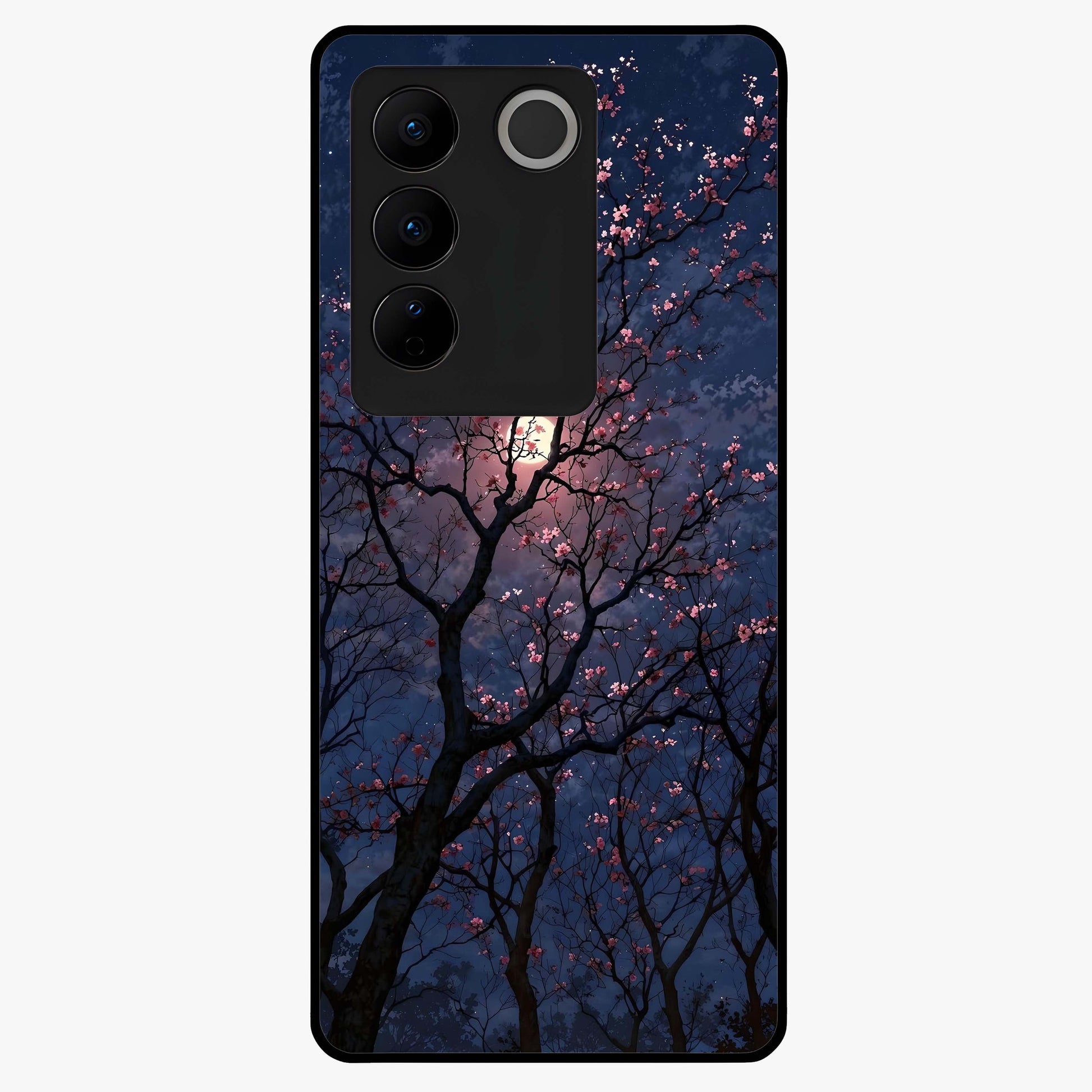 Twilight Sakura Serenade Glass Case showing flat back view with cherry blossom artwork at twilight and glossy glass finish.