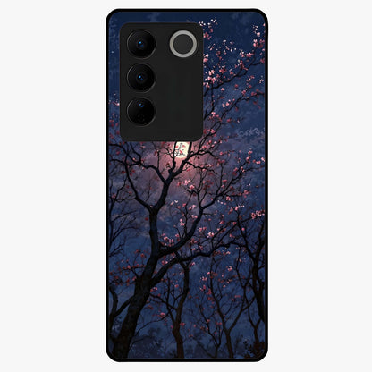 Twilight Sakura Serenade Glass Case showing flat back view with cherry blossom artwork at twilight and glossy glass finish.