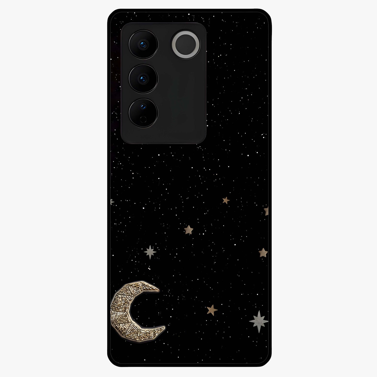 Twinkle Star With Half Moon Glass Case showing flat back view with star and half moon artwork and glossy glass finish.