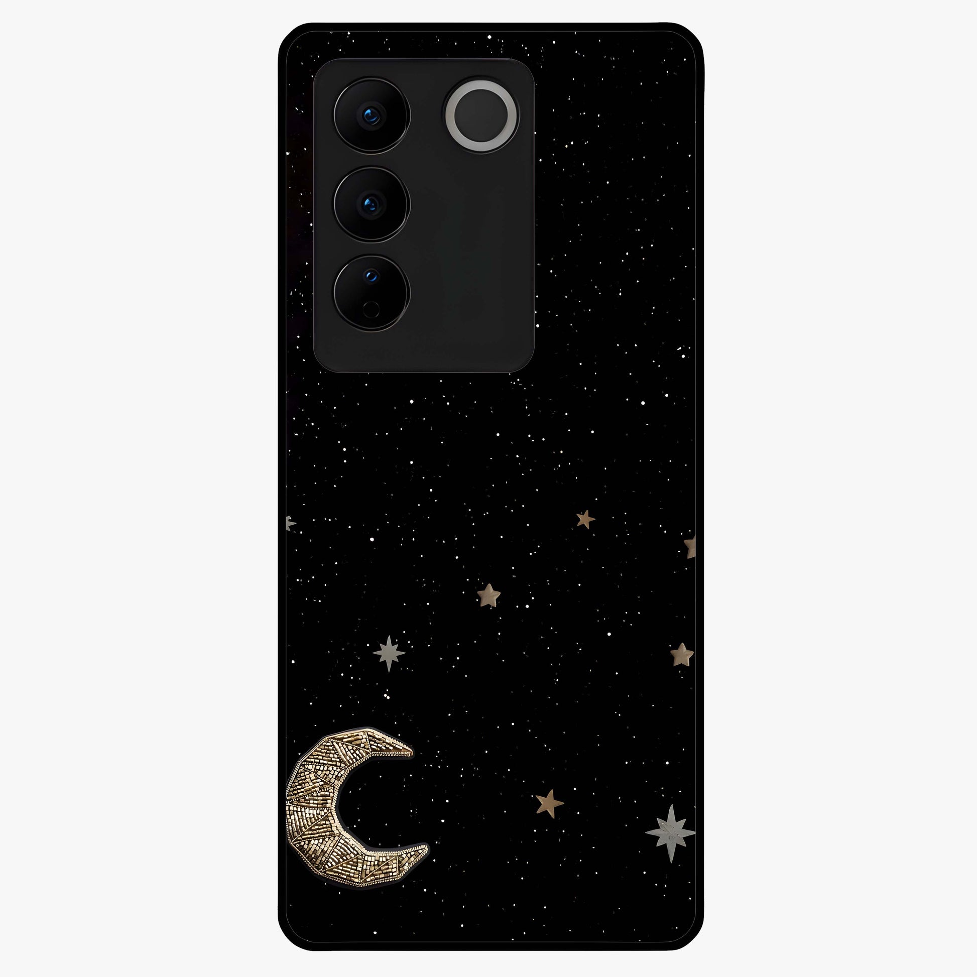 Twinkle Star With Half Moon Glass Case showing flat back view with star and half moon artwork and glossy glass finish.