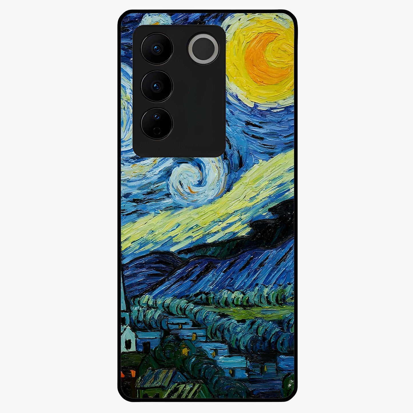 Van Gogh Art Glass Case showing flat back view with classic painterly artwork inspired by Van Gogh style and glossy glass finish.