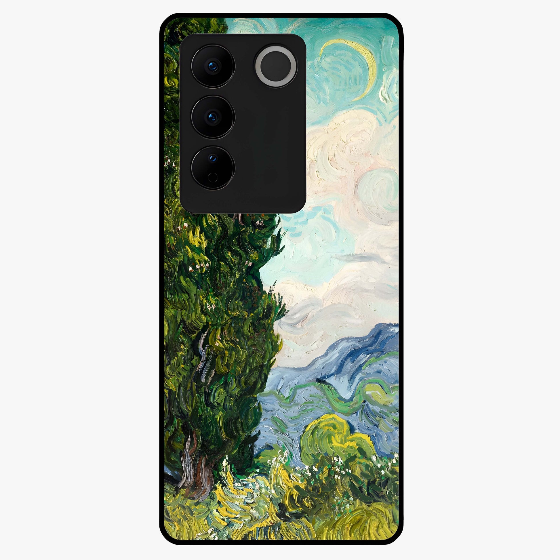 Van Gogh Vintage Art Glass Case showing flat back view with vintage painterly artwork inspired by Van Gogh style and glossy glass finish.