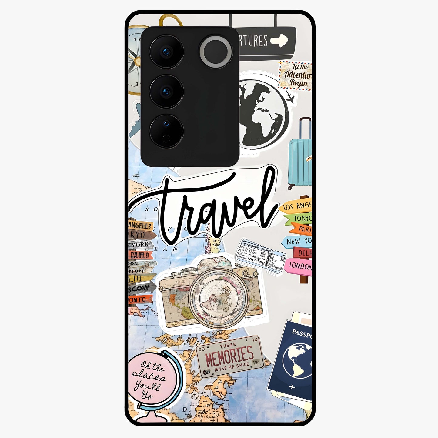 Wanderlust Journal Glass Case showing flat back view with travel inspired artwork and glossy glass finish.