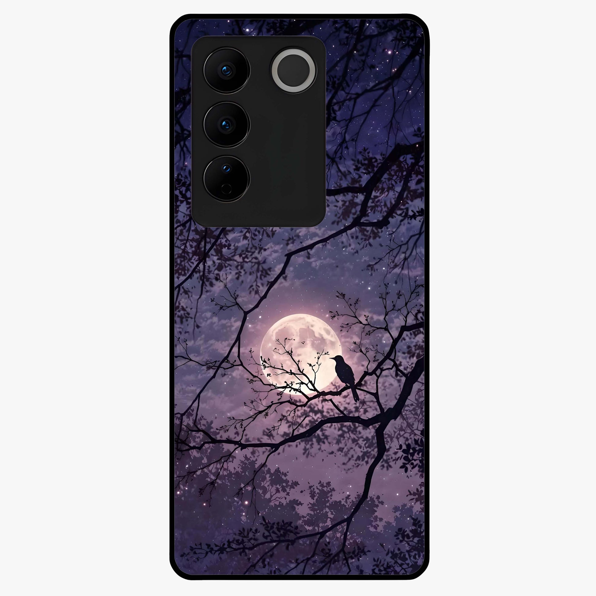 Whispering Moon Silence Glass Case showing flat back view with serene moon themed artwork and glossy glass finish.