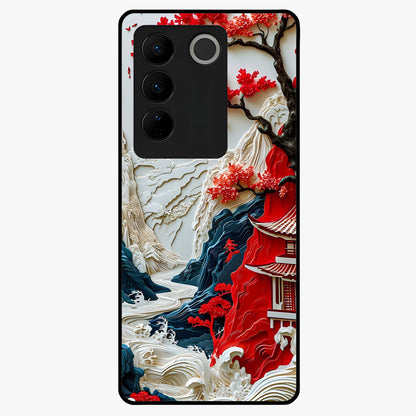 Whispers Of Sakura Waves Glass Case showing flat back view with cherry blossom wave artwork and glossy glass finish.