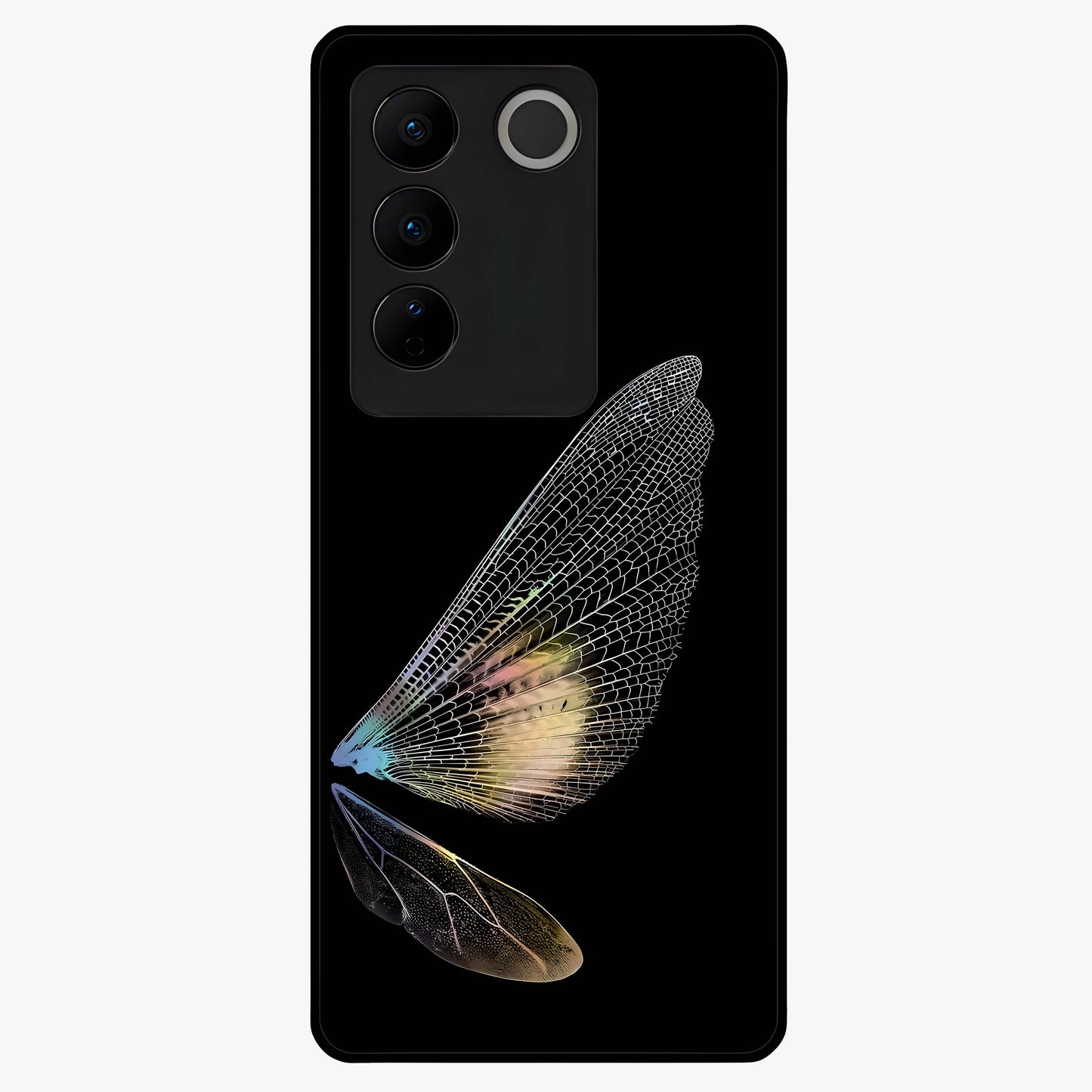 Whispers Of Wings Glass Case showing flat back view with graceful wing inspired artwork and glossy glass finish.