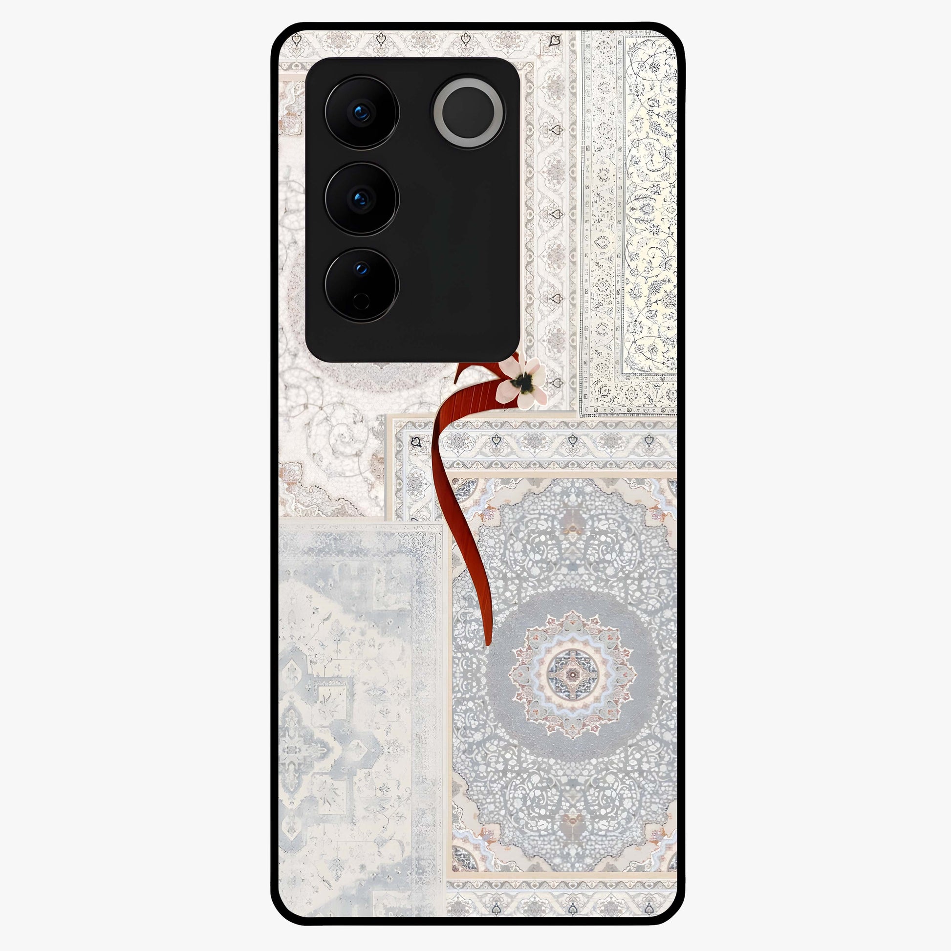 White Aesthetic Bow Glass Case showing flat back view with minimal bow artwork and glossy glass finish.